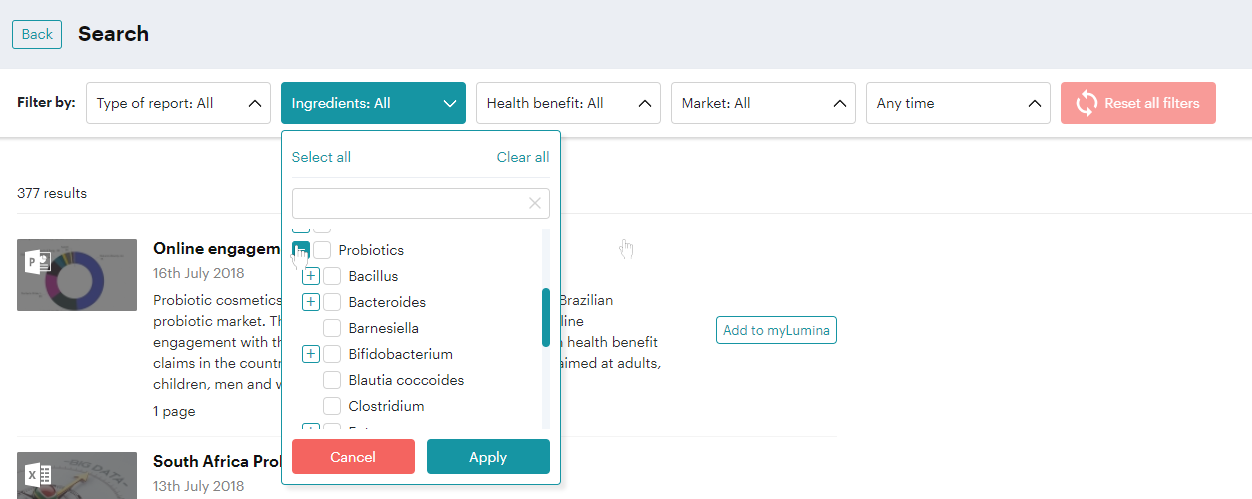 Search filter - probiotics expanded with pointer Lumina Intelligence search filter