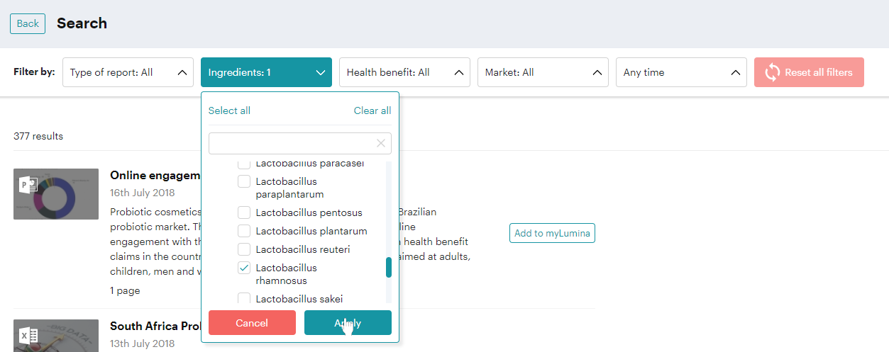 search filter - L rhamnosus with pointer Lumina Intelligence Search